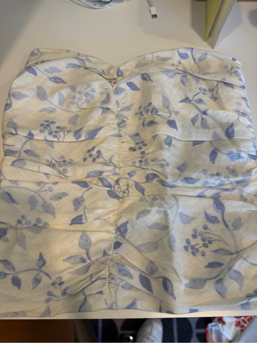 Reformation Strapless Floral Bustier in Light Blue and Cream